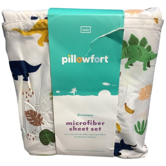 Pillowfort Dinosaur Microfiber Sheet Set Twin Size Flat Fitted Sheet Pillowcase - Picture 5 of 7